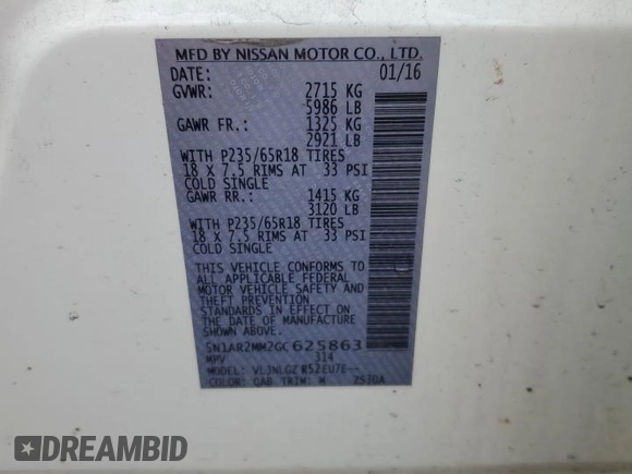 2016 Nissan Pathfinder S with VIN 5N1AR2MM2GC625863, listed as a Copart auction lot 57161845 with 265,973 mi miles and Salvage title. Bid and sale history available at DreamBid. Image 13.