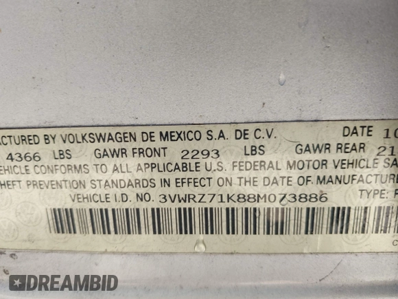 2008 Volkswagen Jetta SE z VIN 3VWRZ71K88M073886, wystawiony jako IAAI lot #42207911 z przebiegiem Nie podano mil oraz . Historia ofert i sprzedaży dostępna na DreamBid. Obrazek 9.
