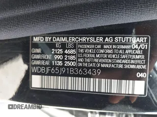 2001 Mercedes-Benz E 320 with VIN WDBJF65J91B363439, listed as a IAAI auction lot 42058536 with 61,272 mi miles and . Bid and sale history available at DreamBid. Image 9.