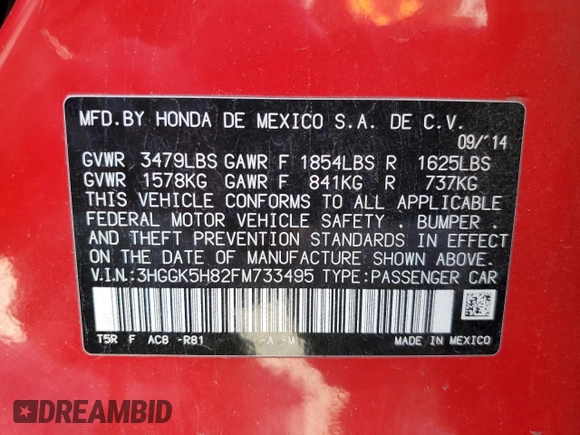 2015 Honda Fit EX-L with VIN 3HGGK5H82FM733495, listed as a Copart auction lot 53849905 with 163,483 mi miles and Salvage Title. Bid and sale history available at DreamBid. Image 12.