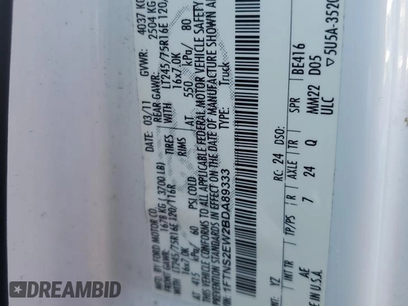 2011 Ford Econoline Cargo Commercial with VIN 1FTNS2EW2BDA89333, listed as a Copart auction lot 74711104 with Not Provided miles and Non Repairable. Bid and sale history available at DreamBid. Image 13.