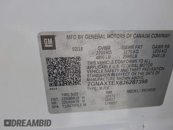 2018 Chevrolet Equinox LT with VIN 2GNAXTEX8J6287398, listed as a IAAI auction lot 42007371 with 140,554 mi miles. Bid and sale history available at carsss.com. Image 9.