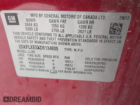2013 GMC Terrain SLT with VIN 2GKFLXE3XD6134805, listed as a IAAI auction lot 41066129 with 143,879 mi miles and . Bid and sale history available at DreamBid. Image 9.