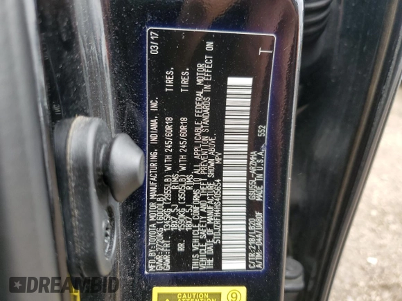 2017 Toyota Highlander XLE with VIN 5TDJZRFH4HS405654, listed as a Copart auction lot 54183985 with 169,416 mi miles and Salvage title. Bid and sale history available at DreamBid. Image 12.