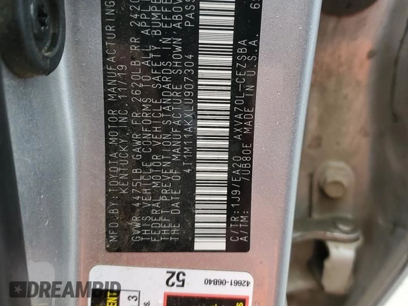 2020 Toyota Camry SE with VIN 4T1M11AKXLU907304, listed as a Copart auction lot 49241175 with 55,931 mi miles and Salvage Title. Bid and sale history available at carsss.com. Image 12.