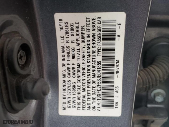 2018 Honda Civic Sedan LX with VIN 19XFC2F53JE041859, listed as a Copart auction lot 47801295 with 102,192 mi miles and Salvage Title. Bid and sale history available at carsss.com. Image 12.