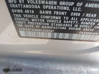 2016 Volkswagen Passat 1.8T S with VIN 1VWAS7A36GC032067, listed as a IAAI auction lot 41207782 with 123,651 mi miles. Bid and sale history available at carsss.com. Image 9.