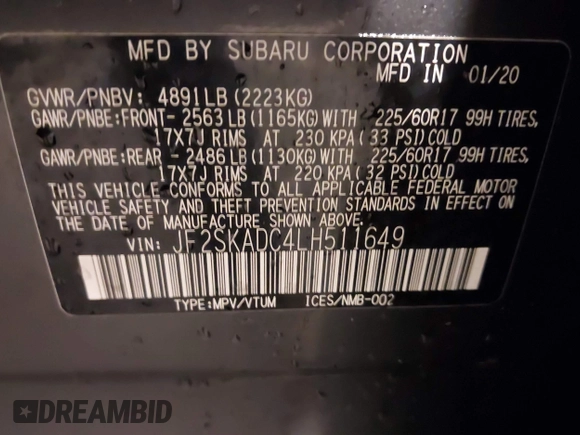 2020 Subaru Forester with VIN JF2SKADC4LH511649, listed as a IAAI auction lot 42114081 with 36,657 mi miles and . Bid and sale history available at DreamBid. Image 9.