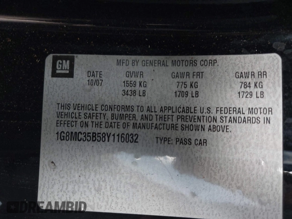 2008 Saturn Sky with VIN 1G8MC35B58Y116032, listed as a IAAI auction lot 40984700 with 1 mi miles. Bid and sale history available at carsss.com. Image 9.