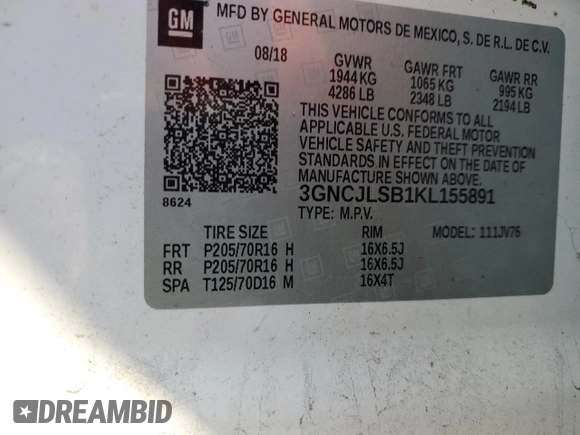 2019 Chevrolet Trax LT z VIN 3GNCJLSB1KL155891, wystawiony jako Copart lot #49586375 z przebiegiem Nie podano mil oraz Szkoda całkowita • Salvage title. Historia ofert i sprzedaży dostępna na DreamBid. Obrazek 14.