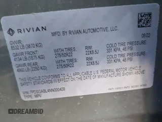 2022 Rivian R1S Launch Edition with VIN 7PDSGABL4NN000409, listed as a IAAI auction lot 41433164 with 39,603 mi miles. Bid and sale history available at carsss.com. Image 9.