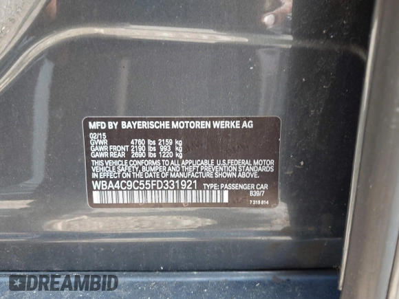2015 BMW 4 Series 428i xDrive with VIN WBA4C9C55FD331921, listed as a IAAI auction lot 42214901 with 94,970 mi miles and . Bid and sale history available at DreamBid. Image 9.
