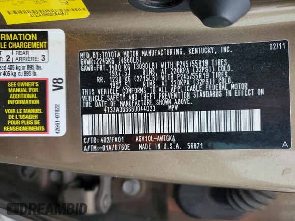 2011 Toyota Venza with VIN 4T3ZA3BB6BU044023, listed as a Copart auction lot 49450885 with 190,611 mi miles and Salvage Title. Bid and sale history available at carsss.com. Image 13.