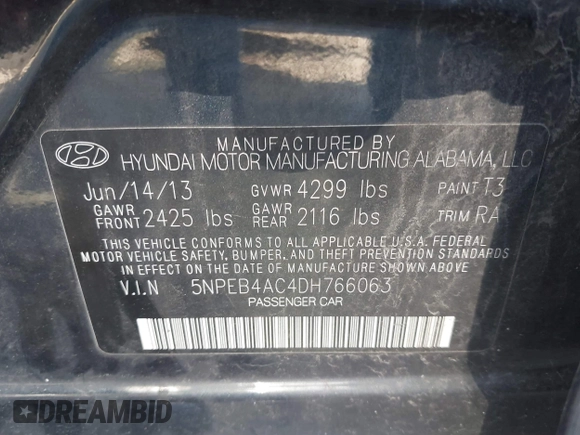 2013 Hyundai Sonata GLS with VIN 5NPEB4AC4DH766063, listed as a IAAI auction lot 42110811 with 105,622 mi miles and . Bid and sale history available at DreamBid. Image 9.