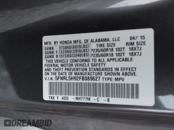 2015 Honda Odyssey Touring Elite with VIN 5FNRL5H92FB089627, listed as a IAAI auction lot 41115013 with Not Provided miles and . Bid and sale history available at DreamBid. Image 9.
