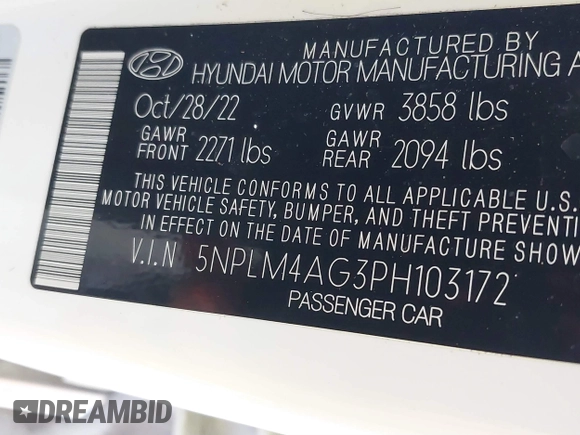 2023 Hyundai Elantra SEL with VIN 5NPLM4AG3PH103172, listed as a IAAI auction lot 41229760 with 36,644 mi miles and . Bid and sale history available at DreamBid. Image 9.