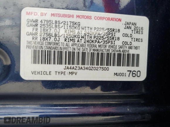 2016 Mitsubishi Outlander SE with VIN JA4AZ3A34GZ027500, listed as a Copart auction lot 65452225 with 160,595 mi miles and Clean title. Bid and sale history available at DreamBid. Image 12.