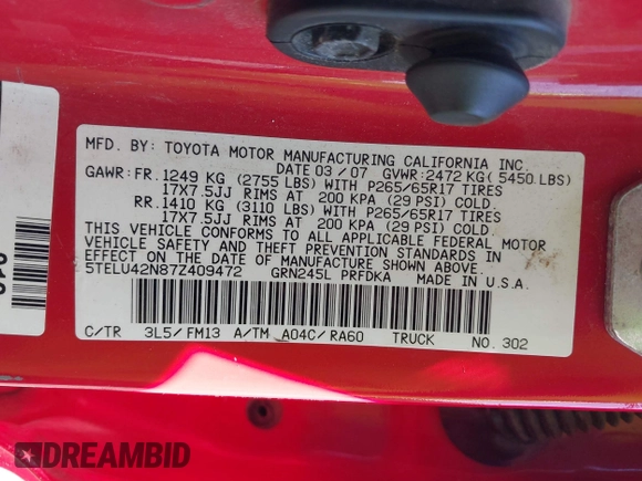 2007 Toyota Tacoma with VIN 5TELU42N87Z409472, listed as a IAAI auction lot 42296644 with 302,162 mi miles and . Bid and sale history available at DreamBid. Image 9.