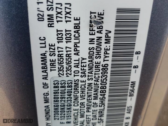 2011 Honda Odyssey EX-L with VIN 5FNRL5H64BB053986, listed as a Copart auction lot 62879444 with 0 mi miles and Salvage Title. Bid and sale history available at carsss.com. Image 13.