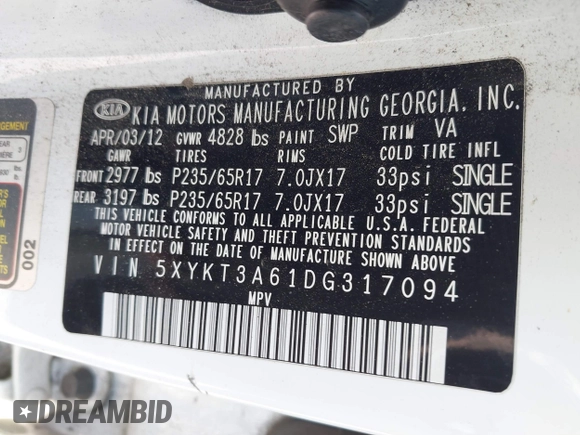 2013 Kia Sorento LX with VIN 5XYKT3A61DG317094, listed as a IAAI auction lot 42747947 with 235,917 mi miles and . Bid and sale history available at DreamBid. Image 9.