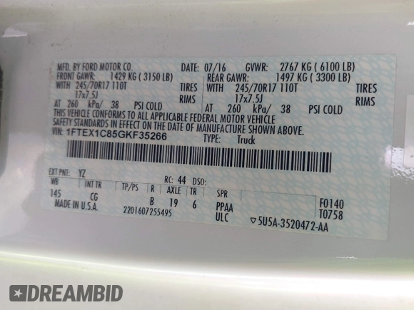 2016 Ford F-150 XL with VIN 1FTEX1C85GKF35266, listed as a IAAI auction lot 41491645 with 158,966 mi miles and . Bid and sale history available at carsss.com. Image 9.