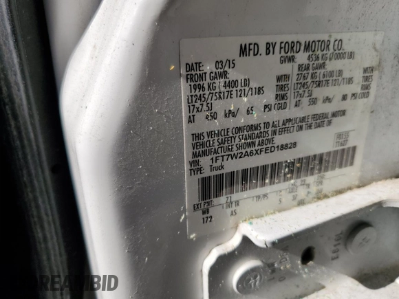 2015 Ford F-250 XL with VIN 1FT7W2A6XFED18828, listed as a Copart auction lot 46263755 with Not provided miles and Salvage title. Bid and sale history available at DreamBid. Image 12.
