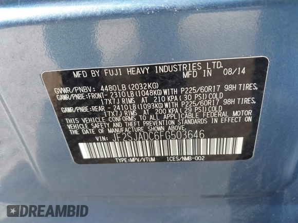 2015 Subaru Forester 2.5i Premium with VIN JF2SJADC6FG503646, listed as a IAAI auction lot 41861221 with 135,361 mi miles. Bid and sale history available at carsss.com. Image 9.