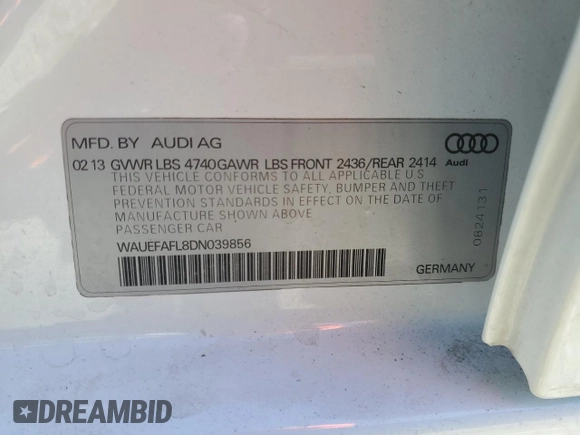 2013 Audi A4 Premium Plus with VIN WAUEFAFL8DN039856, listed as a Copart auction lot 44357595 with 0 mi miles and Salvage Title. Bid and sale history available at carsss.com. Image 13.