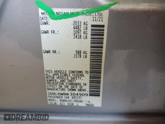 2022 Nissan Altima SV z VIN 1N4BL4DW8NN304909, wystawiony jako Copart lot #59673545 z przebiegiem 67 566 mil mil oraz Czysty tytuł • Clean title. Historia ofert i sprzedaży dostępna na DreamBid. Obrazek 12.