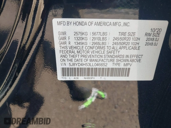2020 Acura MDX Technology with VIN 5J8YD4H53LL046652, listed as a IAAI auction lot 42587469 with 45,310 mi miles and . Bid and sale history available at DreamBid. Image 9.