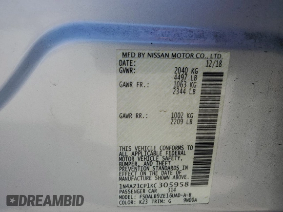2019 Nissan LEAF SV z VIN 1N4AZ1CP1KC305958, wystawiony jako Copart lot #60573005 z przebiegiem 18 243 mil mil oraz Szkoda całkowita • Salvage title. Historia ofert i sprzedaży dostępna na DreamBid. Obrazek 13.