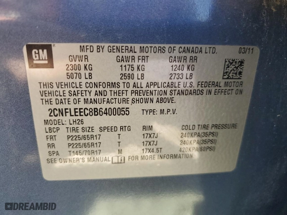 2011 Chevrolet Equinox LT w/1LT with VIN 2CNFLEEC8B6400055, listed as a Copart auction lot 47366925 with 160,252 mi miles and Salvage Title. Bid and sale history available at carsss.com. Image 14.