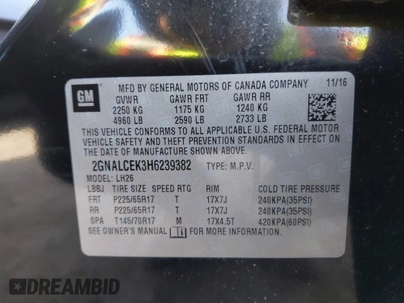 2017 Chevrolet Equinox LT with VIN 2GNALCEK3H6239382, listed as a IAAI auction lot 40711468 with 117,760 mi miles and . Bid and sale history available at DreamBid. Image 9.