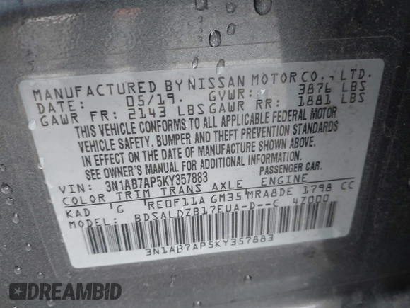 2019 Nissan Sentra SV with VIN 3N1AB7AP5KY357883, listed as a IAAI auction lot 41783436 with 89,636 mi miles and . Bid and sale history available at DreamBid. Image 9.