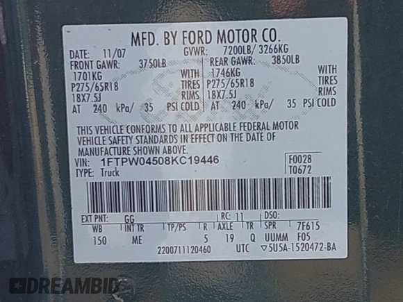 2008 Ford F-150 XLT with VIN 1FTPW04508KC19446, listed as a IAAI auction lot 42830940 with 178,578 mi miles and . Bid and sale history available at DreamBid. Image 9.
