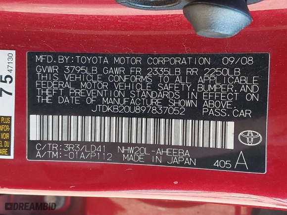 2009 Toyota Prius with VIN JTDKB20U897837052, listed as a IAAI auction lot 41826546 with 269,606 mi miles. Bid and sale history available at carsss.com. Image 9.