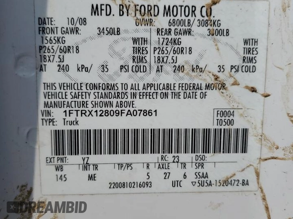 2009 Ford F-150 STX with VIN 1FTRX12809FA07861, listed as a Copart auction lot 49316575 with 167,389 mi miles and Clean Title. Bid and sale history available at carsss.com. Image 14.