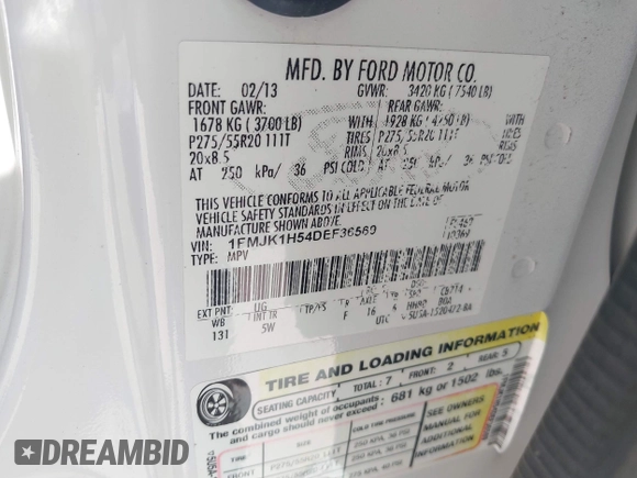 2013 Ford Expedition Max XLT with VIN 1FMJK1H54DEF36569, listed as a IAAI auction lot 42013014 with 232,982 mi miles and . Bid and sale history available at DreamBid. Image 9.
