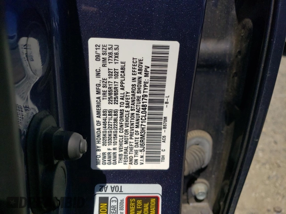 2012 Honda CR-V EX-L with VIN 5J6RM3H71CL048179, listed as a Copart auction lot 52107535 with 104,991 mi miles and Salvage Title. Bid and sale history available at carsss.com. Image 14.