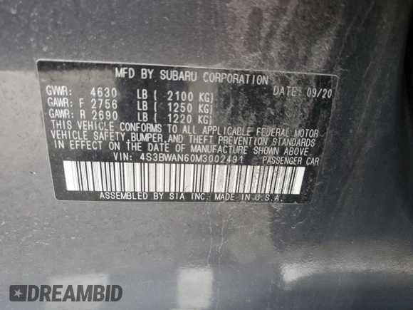 2021 Subaru Legacy Limited with VIN 4S3BWAN60M3002491, listed as a Copart auction lot 62435014 with 63,840 mi miles and Salvage title. Bid and sale history available at DreamBid. Image 12.