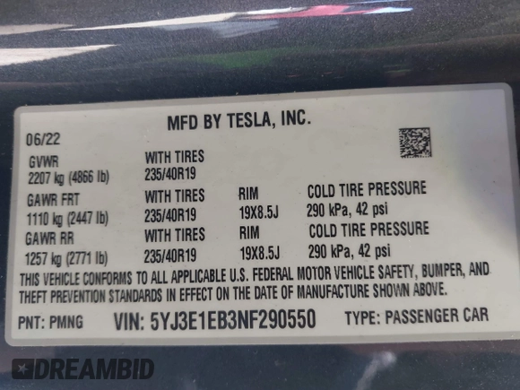2022 Tesla Model 3 Long Range with VIN 5YJ3E1EB3NF290550, listed as a IAAI auction lot 41826287 with 67,648 mi miles and . Bid and sale history available at DreamBid. Image 9.