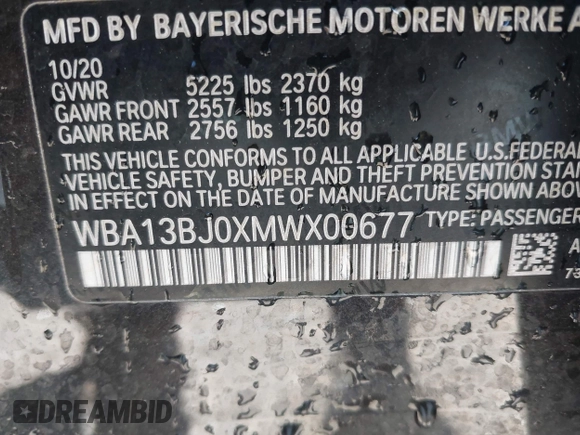 2021 BMW 5 Series 530i xDrive with VIN WBA13BJ0XMWX00677, listed as a IAAI auction lot 42100435 with 66,140 mi miles and . Bid and sale history available at DreamBid. Image 9.