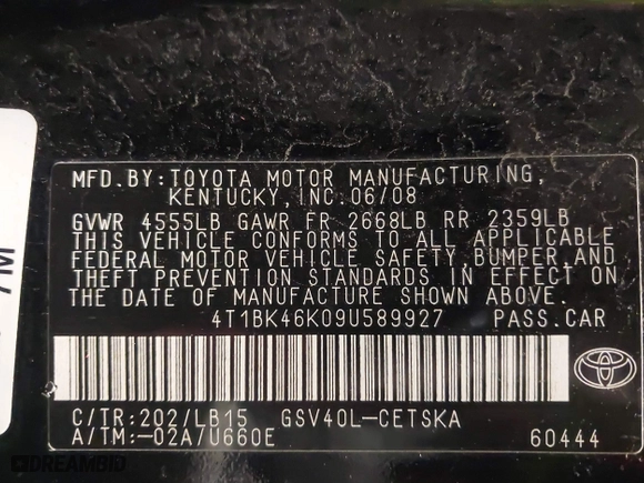 2009 Toyota Camry LE with VIN 4T1BK46K09U589927, listed as a IAAI auction lot 41823383 with 220,589 mi miles. Bid and sale history available at carsss.com. Image 9.