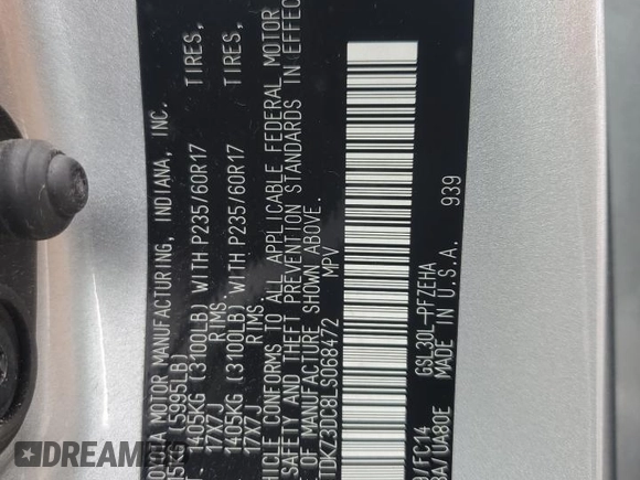 2020 Toyota Sienna LE Auto Access Seat с VIN 5TDKZ3DC8LS068472, выставлен на аукционе Copart как лот 58287195 с пробегом Не указан миль и Списание • Salvage title. История ставок и продаж доступна на DreamBid. Изображение 14.