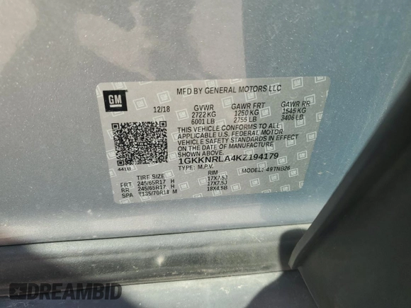 2019 GMC Acadia SLE z VIN 1GKKNRLA4KZ194179, wystawiony jako Copart lot #75055784 z przebiegiem 46 548 mil mil oraz Szkoda całkowita • Salvage title. Historia ofert i sprzedaży dostępna na DreamBid. Obrazek 16.