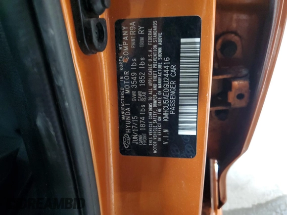 2016 Hyundai Accent Sport with VIN KMHCU5AE0GU244416, listed as a Copart auction lot 81792904 with 54,278 mi miles and Salvage Title. Bid and sale history available at carsss.com. Image 12.