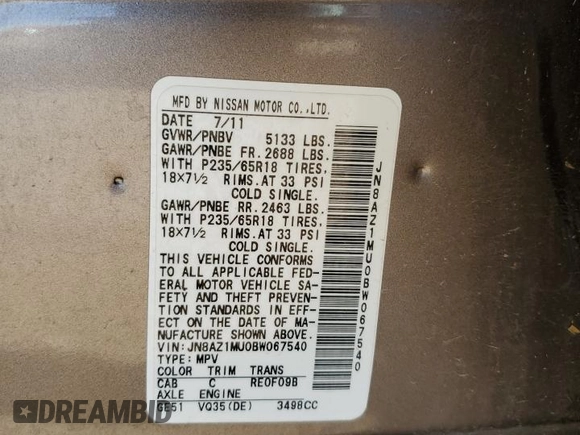 2011 Nissan Murano S with VIN JN8AZ1MU0BW067540, listed as a Copart auction lot 80868884 with 116,796 mi miles and Salvage Title. Bid and sale history available at carsss.com. Image 13.