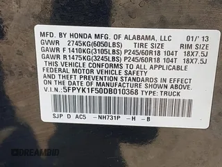 2013 Honda Ridgeline RTL with VIN 5FPYK1F50DB010368, listed as a IAAI auction lot 42048645 with 131,399 mi miles and . Bid and sale history available at DreamBid. Image 9.