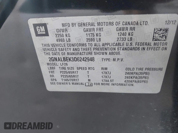 2013 Chevrolet Equinox LS with VIN 2GNALBEK3D6242948, listed as a IAAI auction lot 42224105 with 193,755 mi miles and . Bid and sale history available at DreamBid. Image 9.