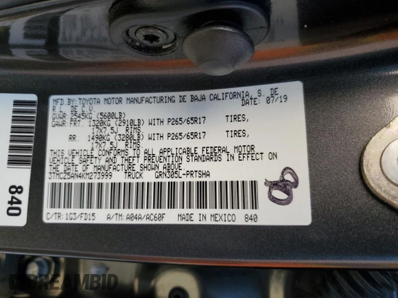 2019 Toyota Tacoma SR z VIN 3TMCZ5AN4KM273999, wystawiony jako Copart lot #55942135 z przebiegiem 101 513 mil mil oraz Szkoda całkowita • Salvage title. Historia ofert i sprzedaży dostępna na DreamBid. Obrazek 12.